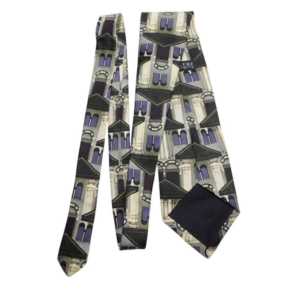 Structure Silk Tie Architecture Buildings Cityscape Geometric Black Blue Necktie - Picture 3 of 5